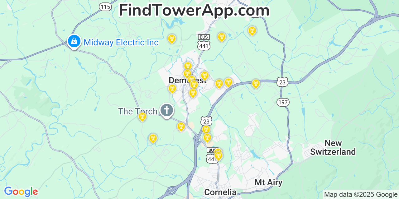 Map showing the 20 primary Mobitel cell tower locations detected in Demorest, Georgia with coverage radius and signal strength indicators