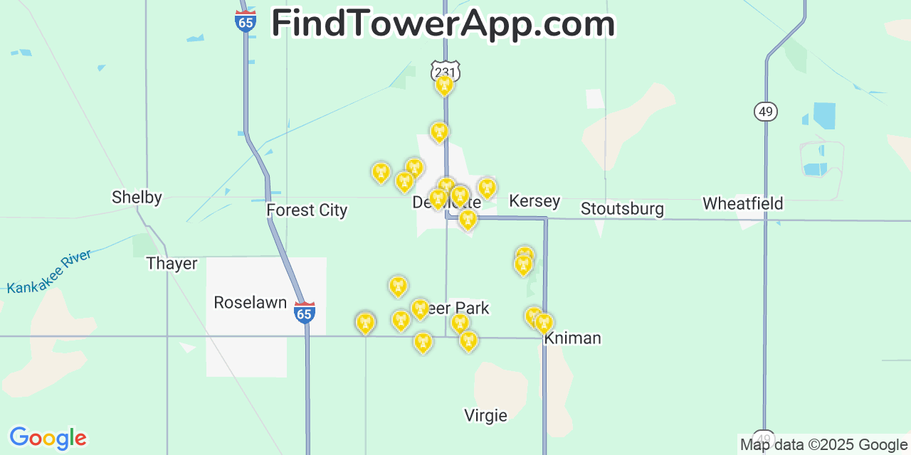 Map showing the 23 primary AT&T cell tower locations detected in Demotte, Indiana with coverage radius and signal strength indicators