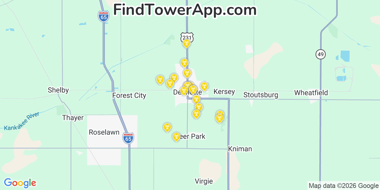 Map showing the 20 primary cell tower locations detected in Demotte, Indiana from AT&T, Verizon, and T-Mobile networks