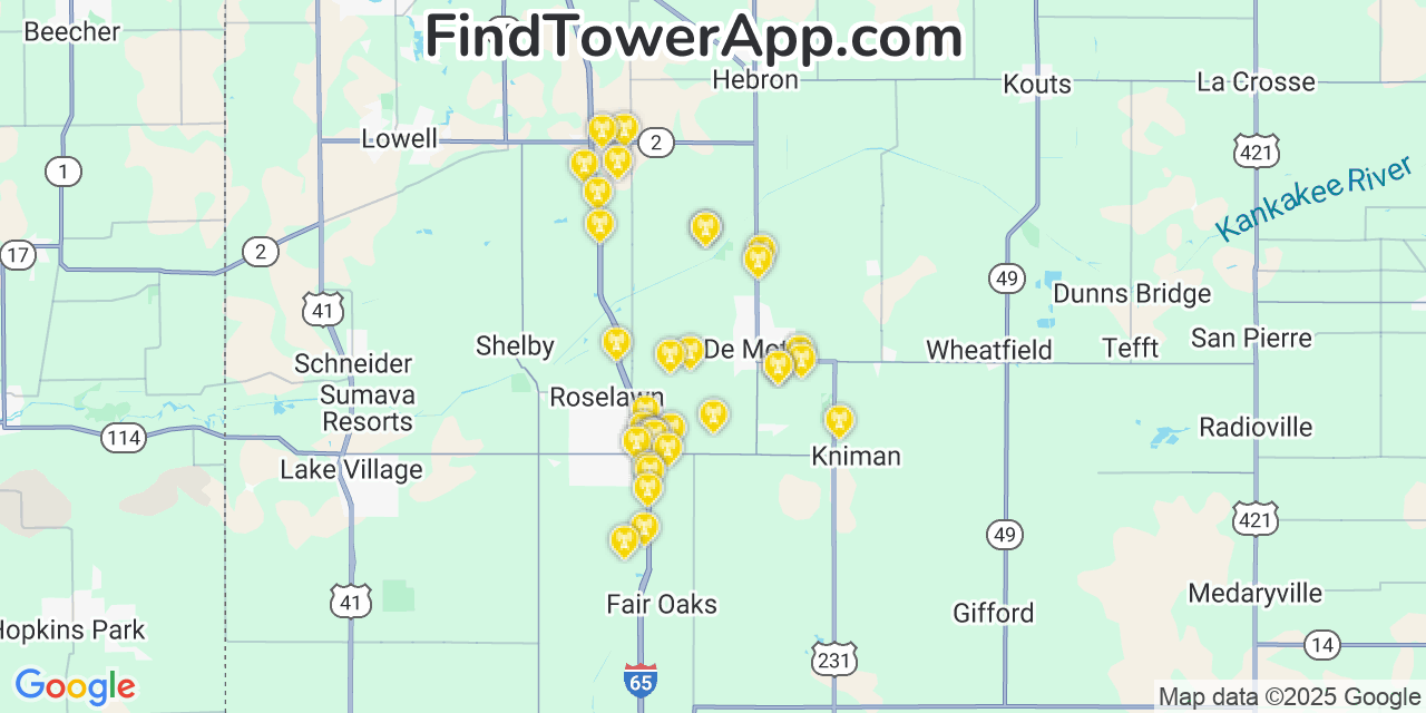 Map showing the 32 primary T-Mobile cell tower locations detected in Demotte, Indiana with coverage radius and signal strength indicators