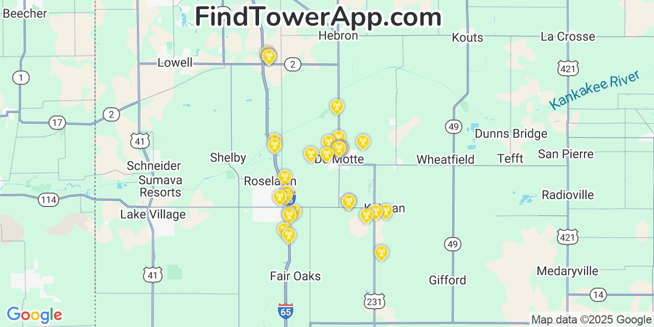 Map showing the 32 primary Verizon cell tower locations detected in Demotte, Indiana with coverage radius and signal strength indicators