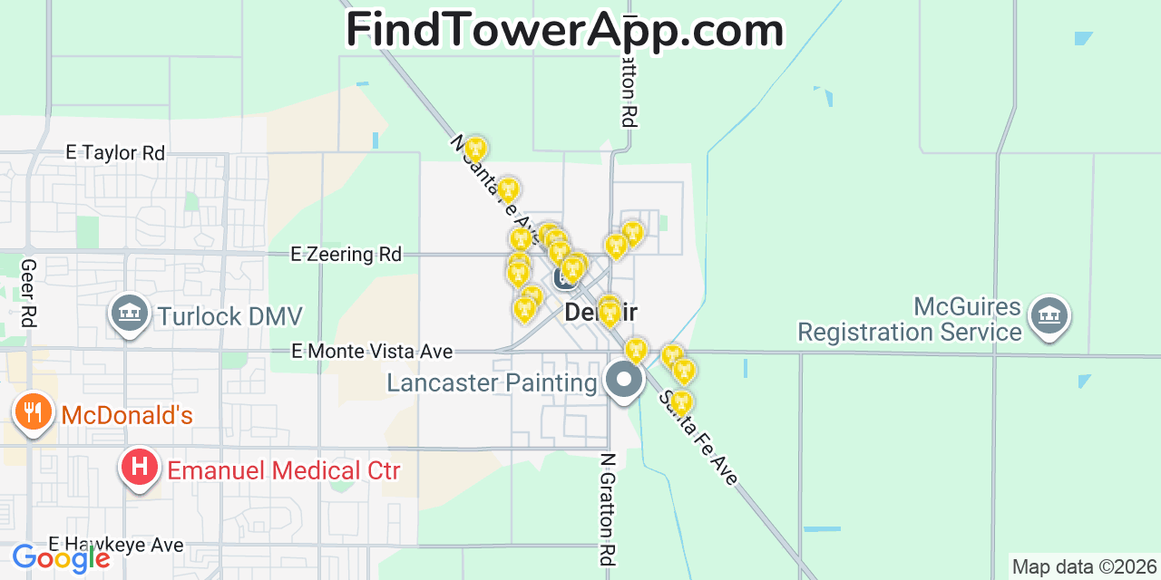 Map showing the 20 primary cell tower locations detected in Denair, California from AT&T, Verizon, and T-Mobile networks