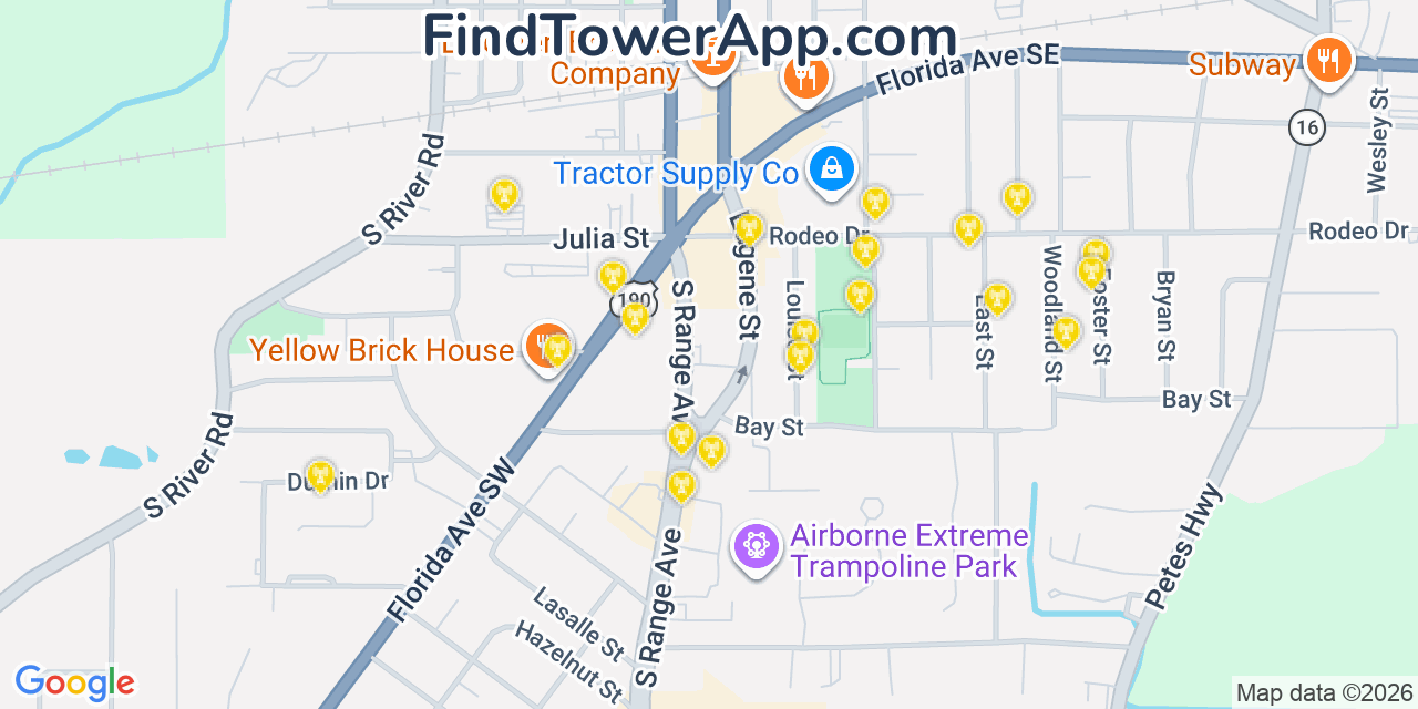 Map showing the 20 primary cell tower locations detected in Denham Springs, Louisiana from AT&T, Verizon, and T-Mobile networks