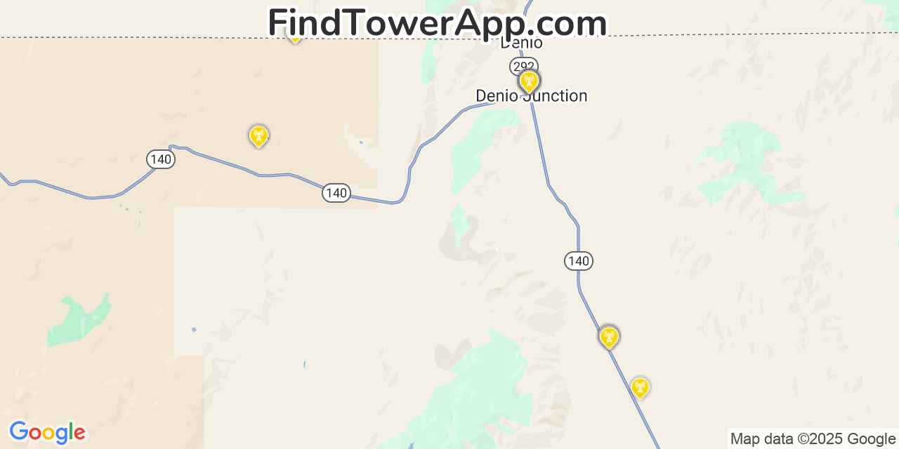 Map showing the 21 primary AT&T cell tower locations detected in Denio, Nevada with coverage radius and signal strength indicators