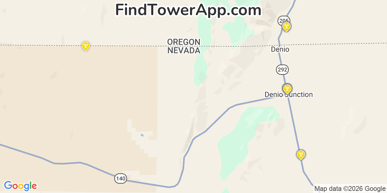 Map showing the 20 primary cell tower locations detected in Denio, Nevada from AT&T, Verizon, and T-Mobile networks