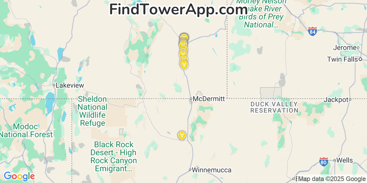 Map showing the 21 primary T-Mobile cell tower locations detected in Denio, Nevada with coverage radius and signal strength indicators