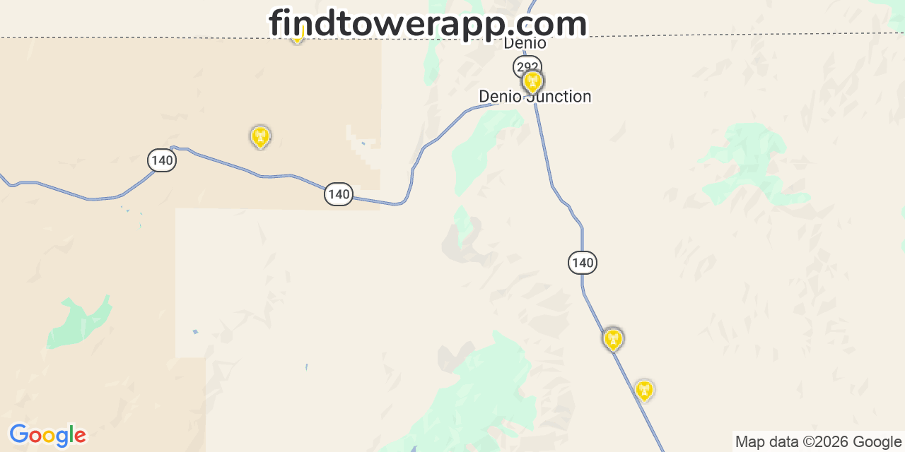 Map showing the 21 primary AT&T cell tower locations detected in Denio Nv, Nevada with coverage radius and signal strength indicators