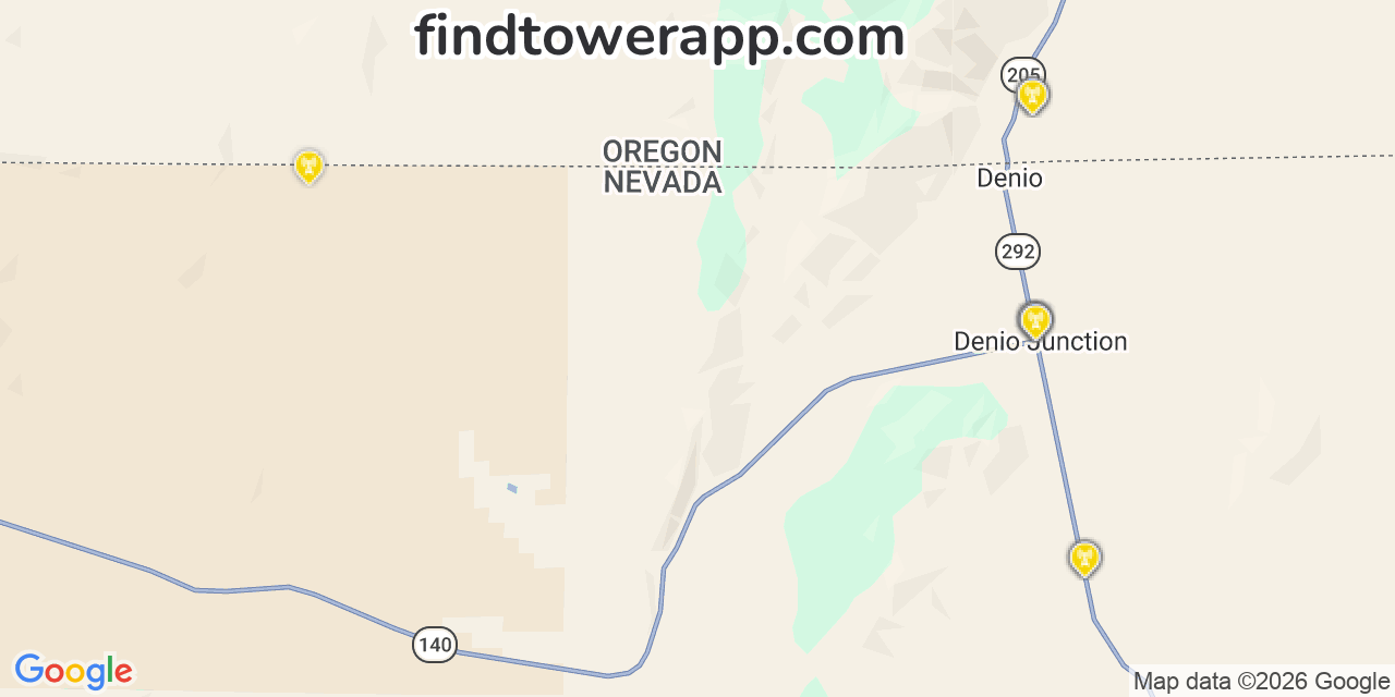 Map showing the 20 primary cell tower locations detected in Denio Nv, Nevada from AT&T, Verizon, and T-Mobile networks