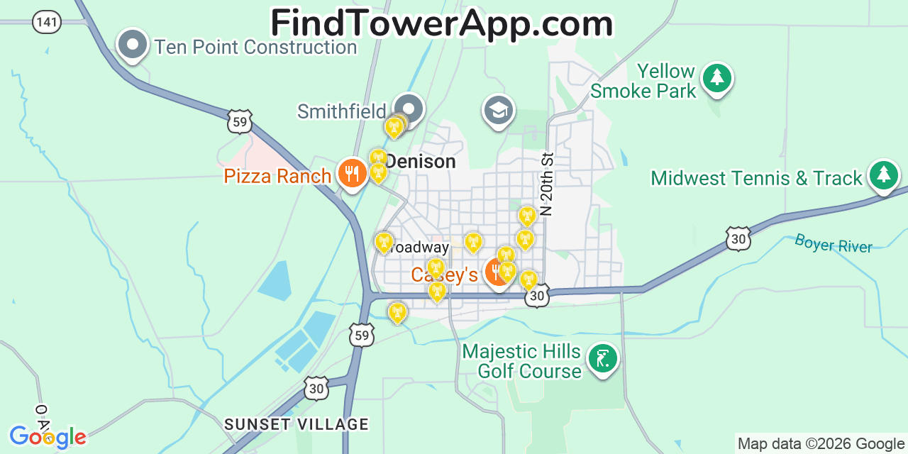 Map showing the 20 primary cell tower locations detected in Denison, Iowa from AT&T, Verizon, and T-Mobile networks