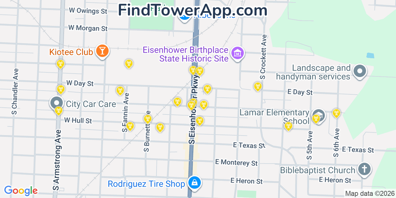 Map showing the 20 primary cell tower locations detected in Denison, Texas from AT&T, Verizon, and T-Mobile networks