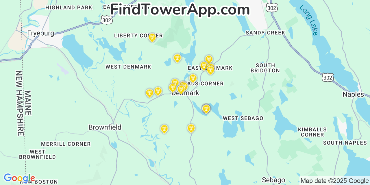 Map showing the 20 primary cell tower locations detected in Denmark, Maine from AT&T, Verizon, and T-Mobile networks