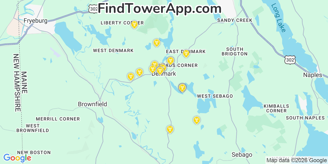 Map showing the 20 primary cell tower locations detected in Denmark, Maine from AT&T, Verizon, and T-Mobile networks