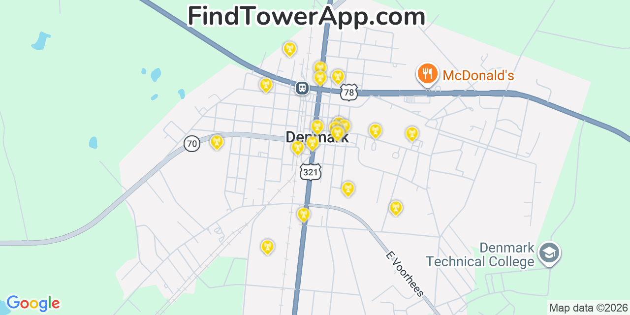 Map showing the 20 primary cell tower locations detected in Denmark, South Carolina from AT&T, Verizon, and T-Mobile networks