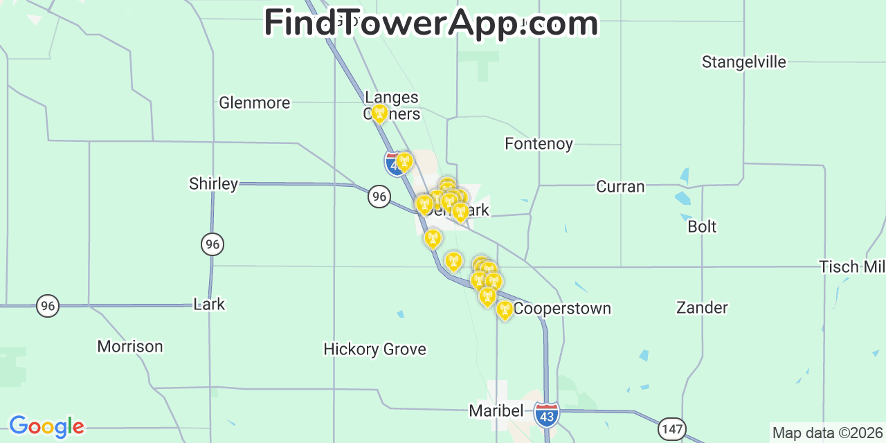 Map showing the 20 primary cell tower locations detected in Denmark, Wisconsin from AT&T, Verizon, and T-Mobile networks