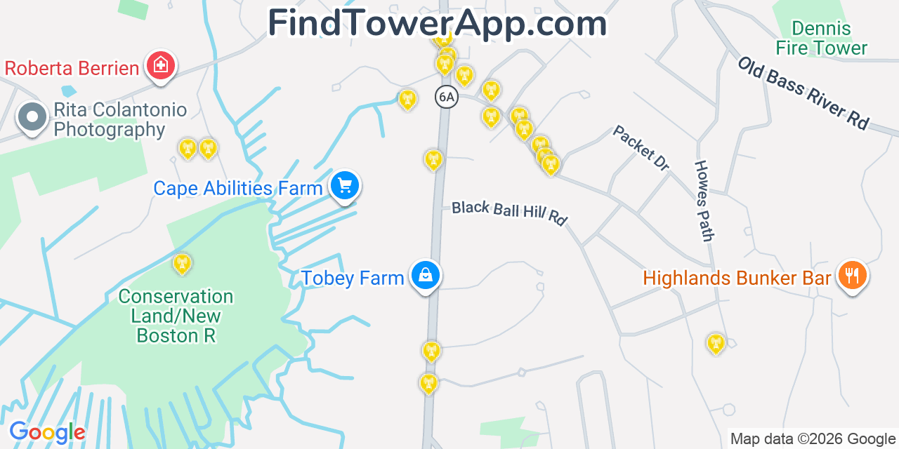 Map showing the 20 primary cell tower locations detected in Dennis, Massachusetts from AT&T, Verizon, and T-Mobile networks