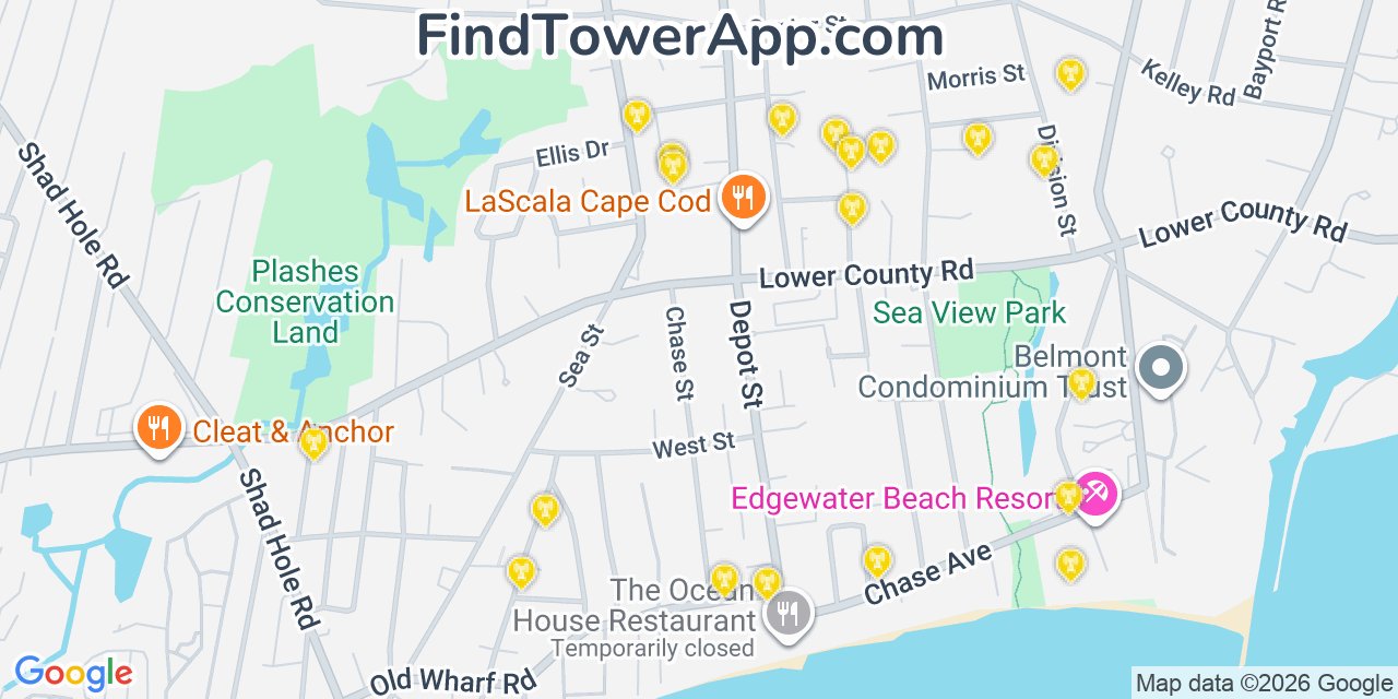 Map showing the 20 primary cell tower locations detected in Dennis Port, Massachusetts from AT&T, Verizon, and T-Mobile networks