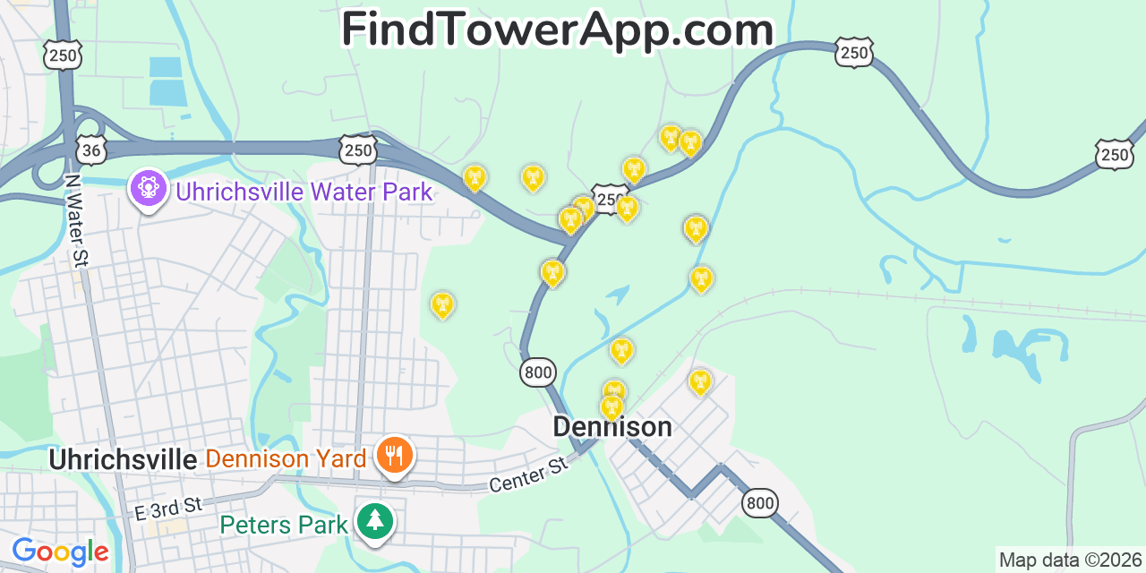 Map showing the 20 primary cell tower locations detected in Dennison, Ohio from AT&T, Verizon, and T-Mobile networks