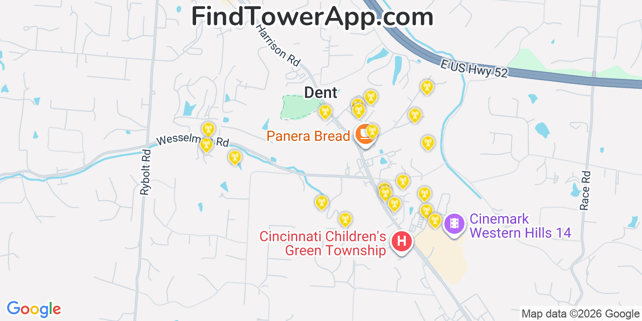 Map showing the 20 primary cell tower locations detected in Dent, Ohio from AT&T, Verizon, and T-Mobile networks