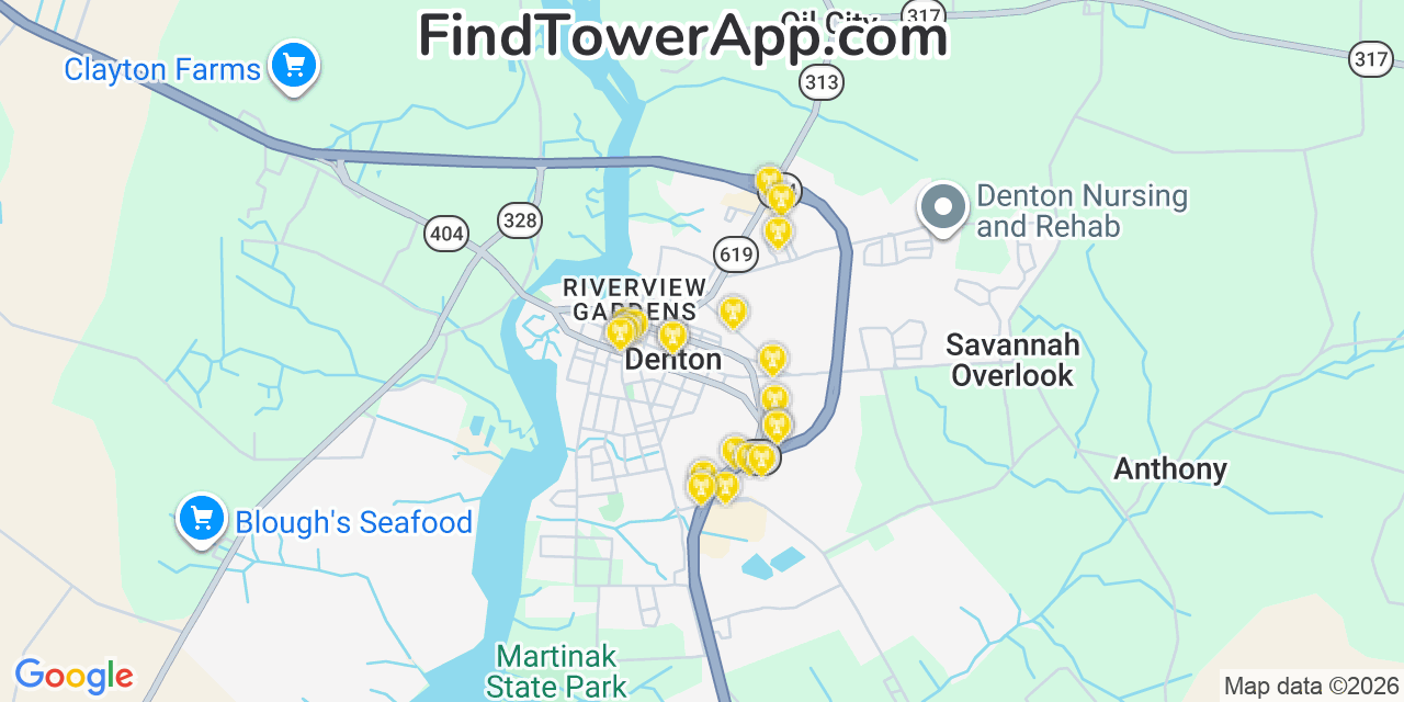 Map showing the 20 primary cell tower locations detected in Denton, Maryland from AT&T, Verizon, and T-Mobile networks