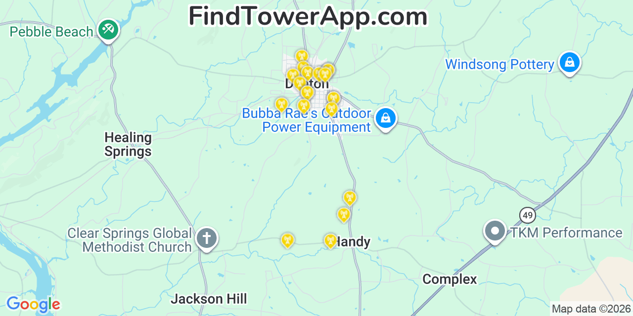 Map showing the 20 primary cell tower locations detected in Denton, North Carolina from AT&T, Verizon, and T-Mobile networks