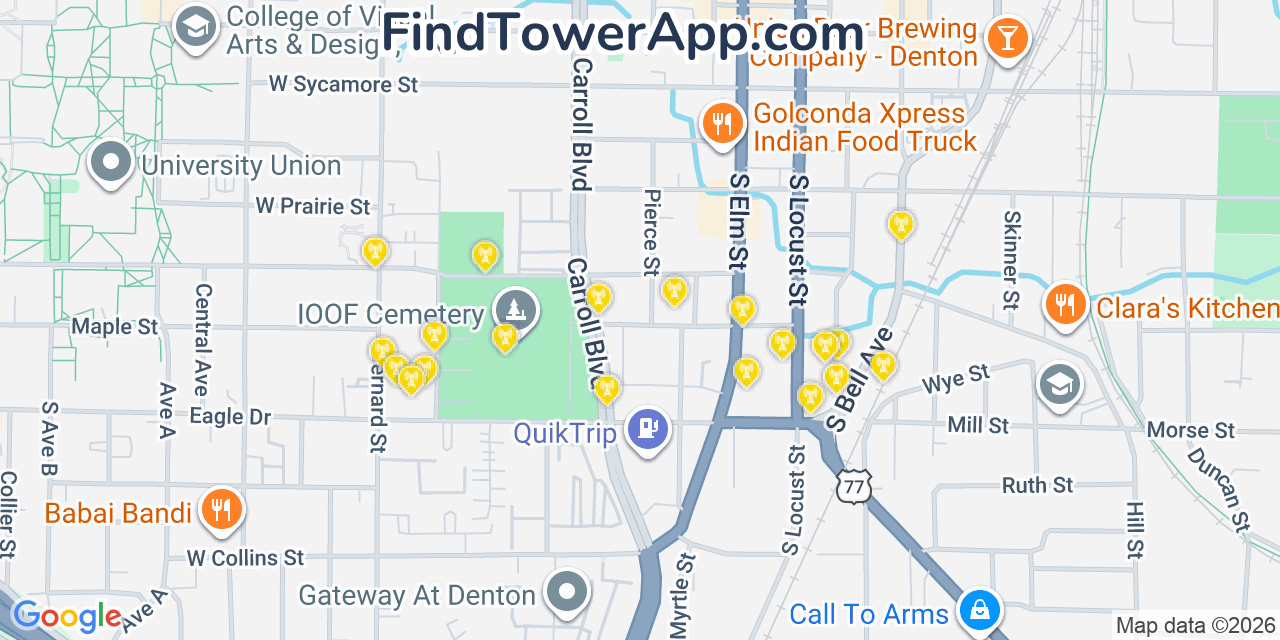 Map showing the 20 primary cell tower locations detected in Denton, Texas from AT&T, Verizon, and T-Mobile networks