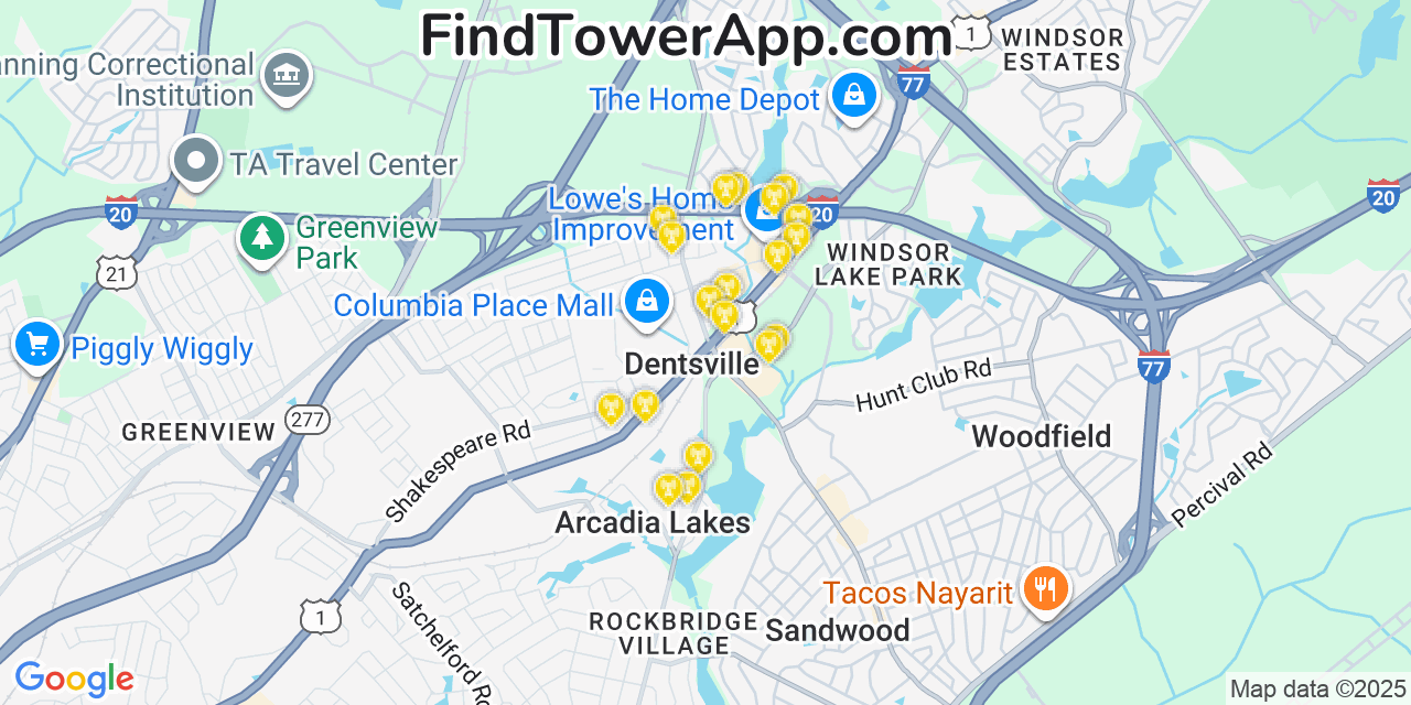 Map showing the 20 primary cell tower locations detected in Dentsville, South Carolina from AT&T, Verizon, and T-Mobile networks