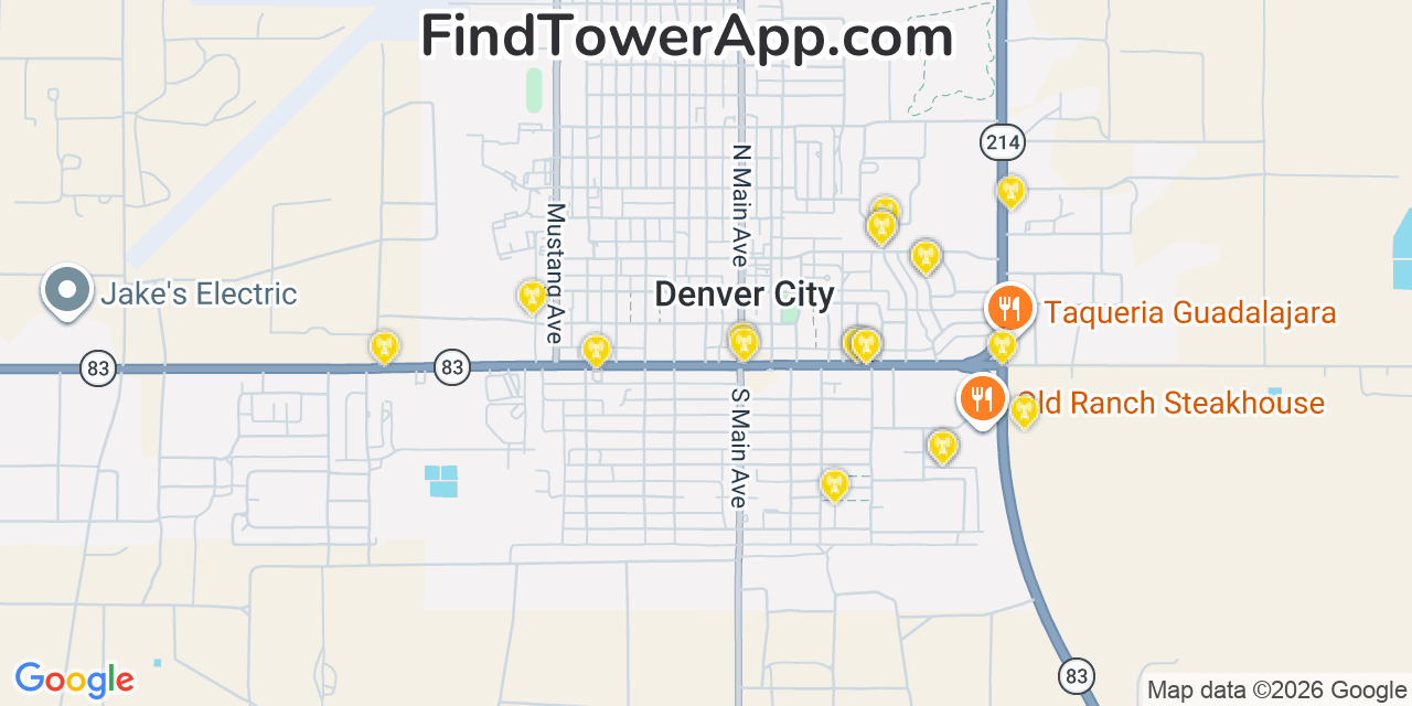 Map showing the 20 primary cell tower locations detected in Denver City, Texas from AT&T, Verizon, and T-Mobile networks