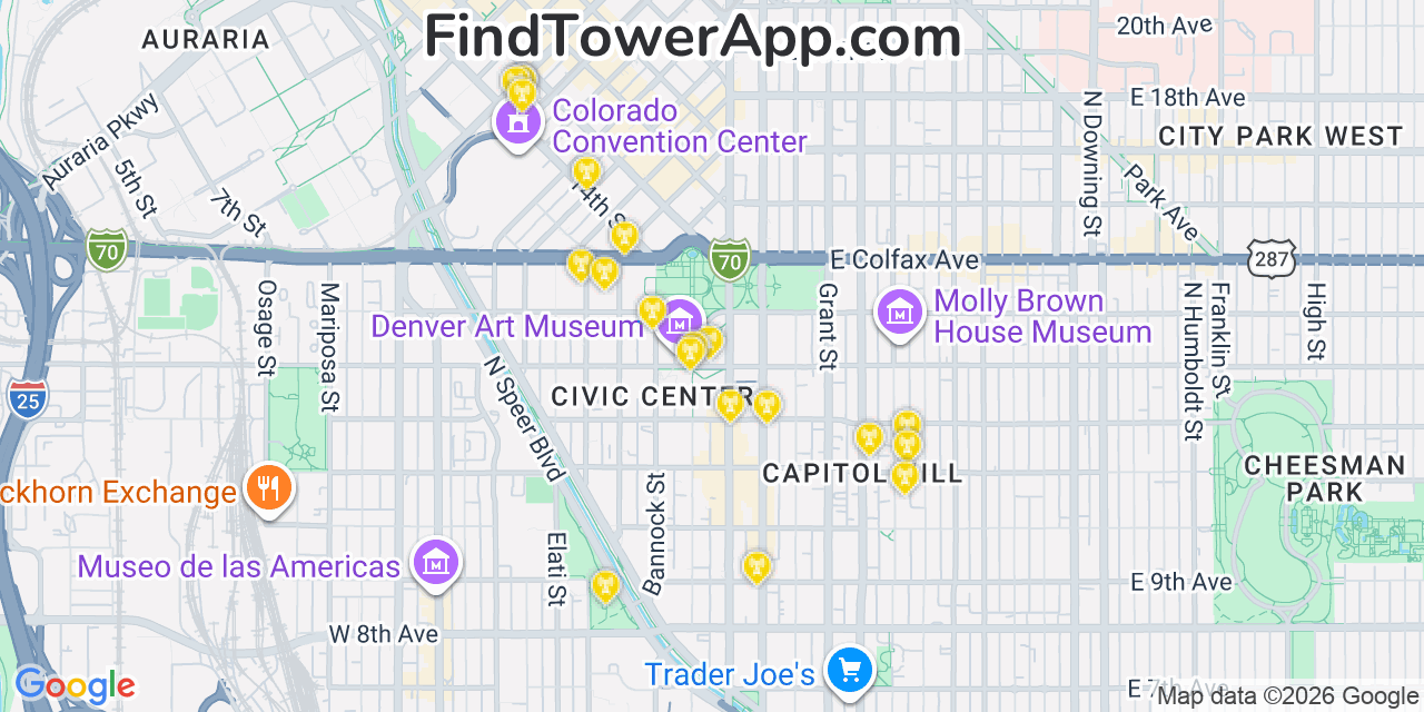 Map showing the 20 primary cell tower locations detected in Denver, Colorado from AT&T, Verizon, and T-Mobile networks