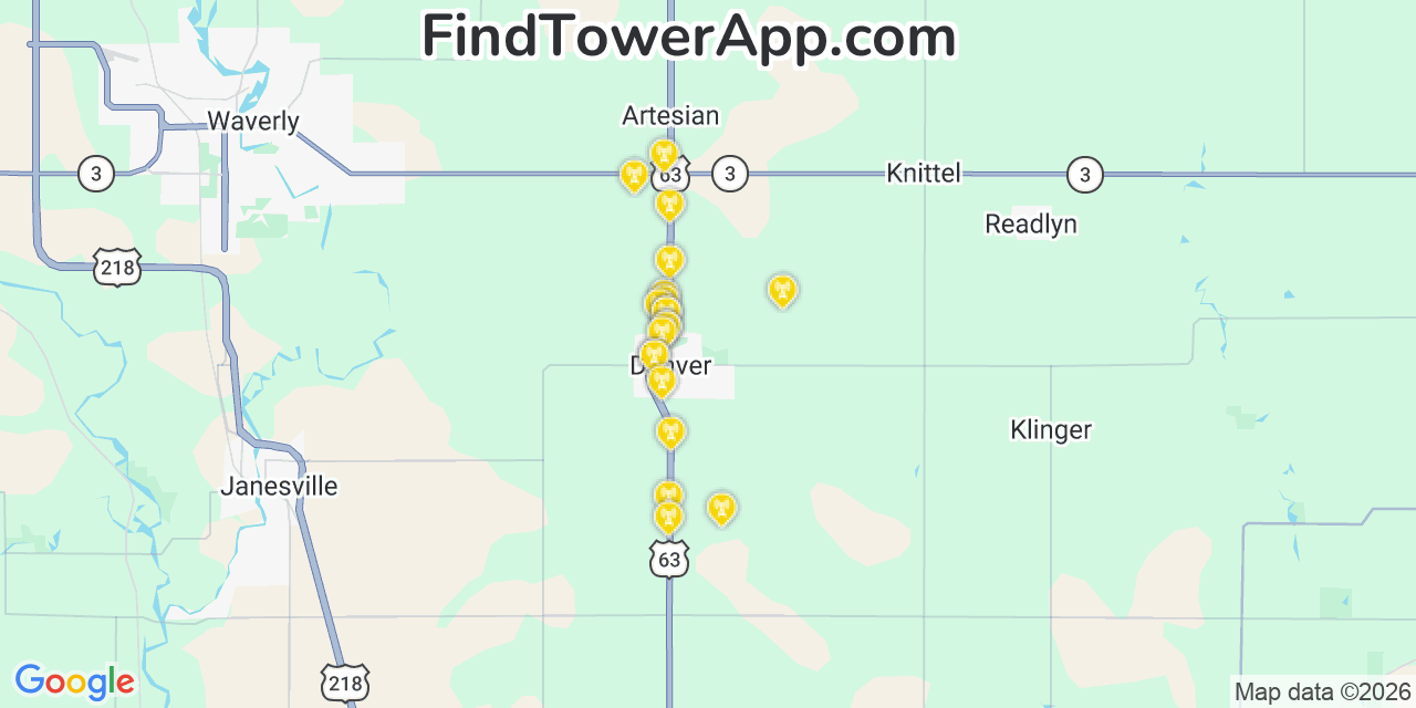 Map showing the 20 primary cell tower locations detected in Denver, Iowa from AT&T, Verizon, and T-Mobile networks
