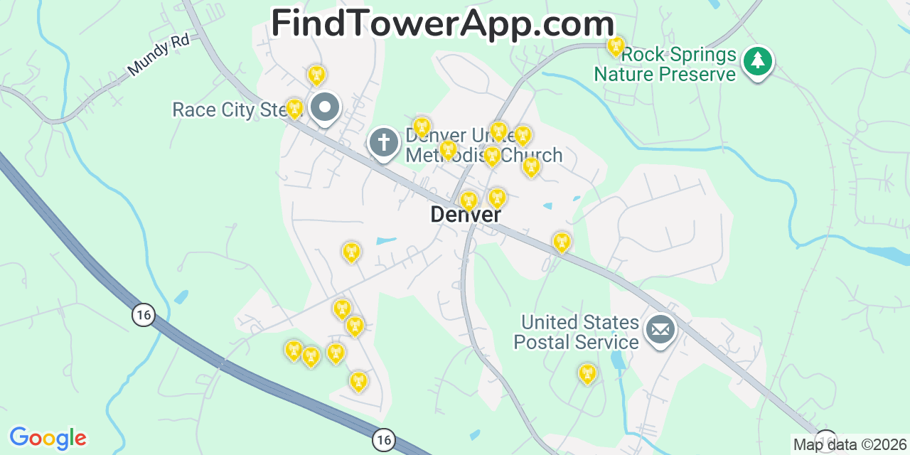 Map showing the 20 primary cell tower locations detected in Denver, North Carolina from AT&T, Verizon, and T-Mobile networks