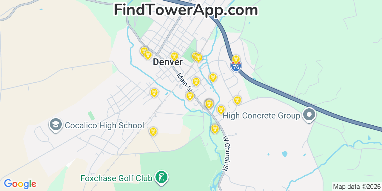Map showing the 20 primary cell tower locations detected in Denver, Pennsylvania from AT&T, Verizon, and T-Mobile networks