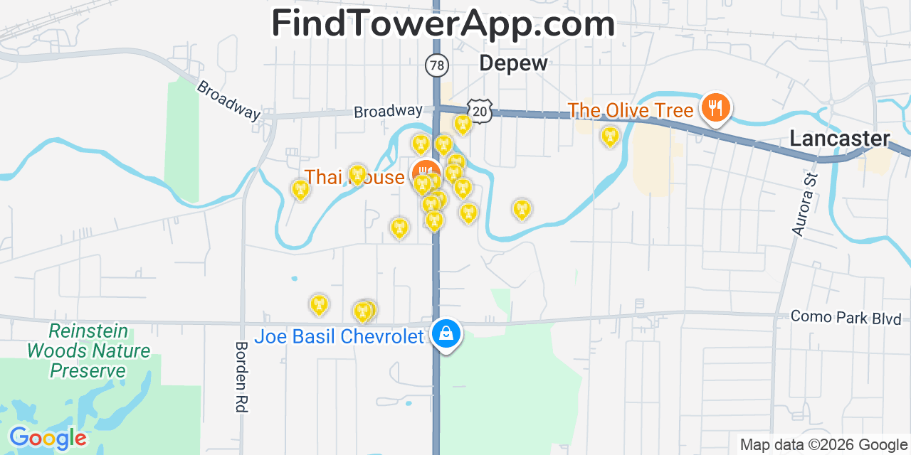 Map showing the 20 primary cell tower locations detected in Depew, New York from AT&T, Verizon, and T-Mobile networks
