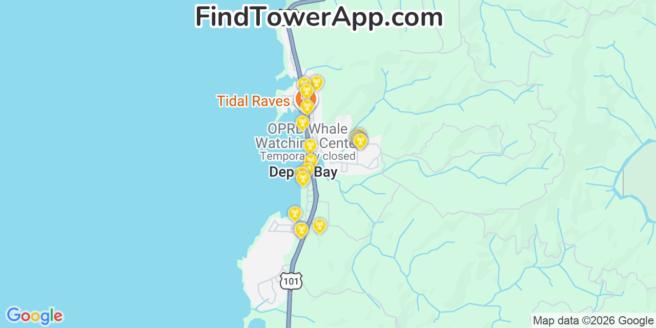 Map showing the 20 primary cell tower locations detected in Depoe Bay, Oregon from AT&T, Verizon, and T-Mobile networks