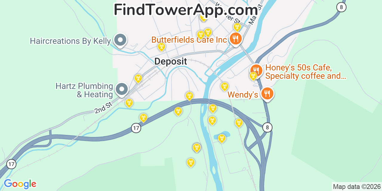 Map showing the 20 primary cell tower locations detected in Deposit, New York from AT&T, Verizon, and T-Mobile networks