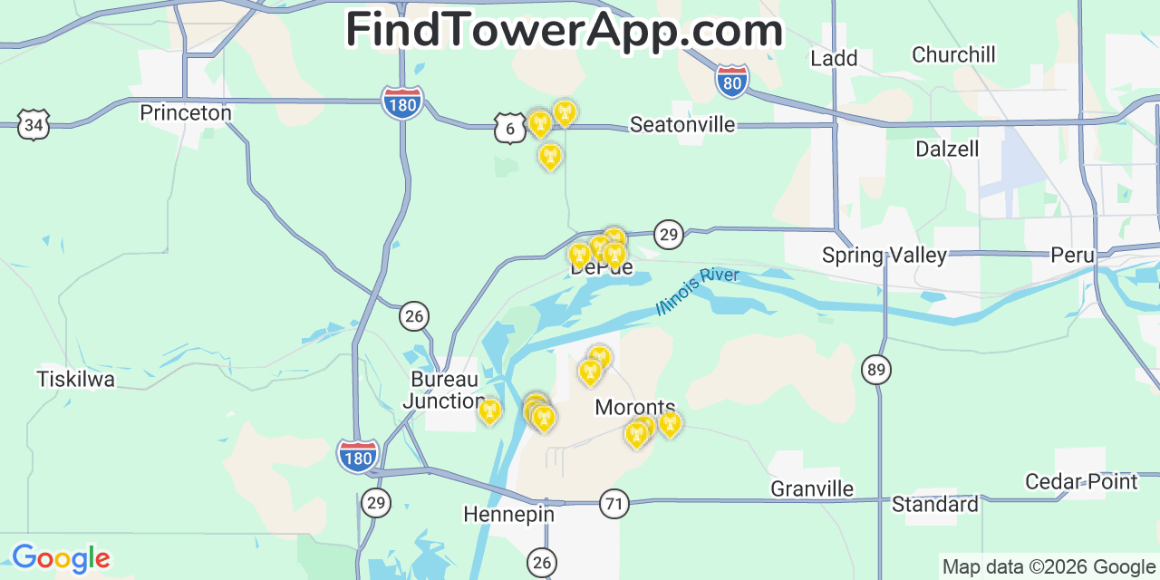Map showing the 20 primary cell tower locations detected in Depue, Illinois from AT&T, Verizon, and T-Mobile networks