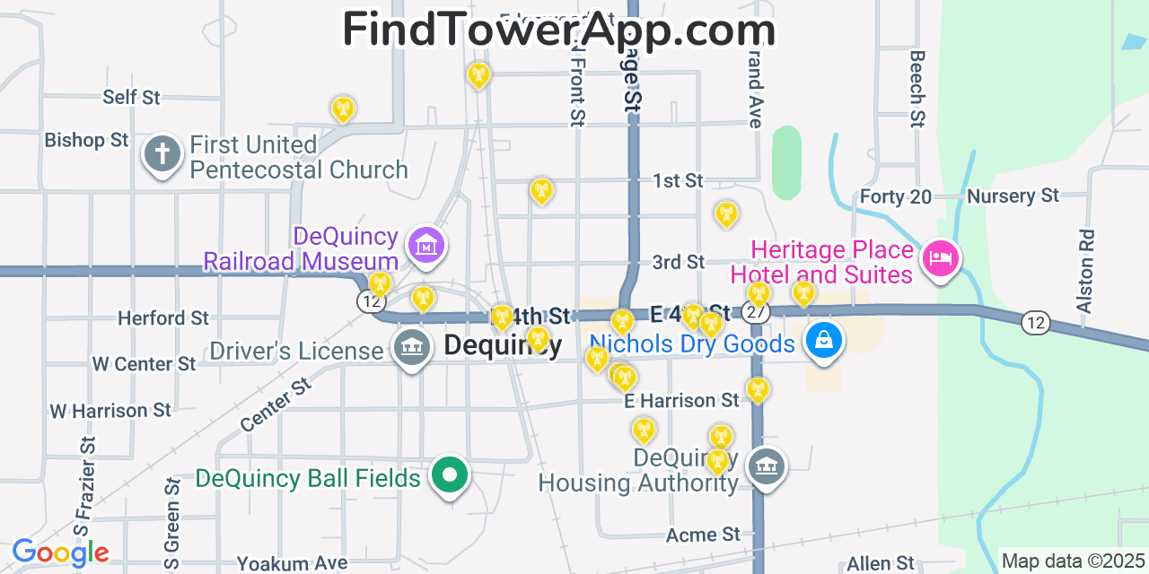Map showing the 20 primary AT&T cell tower locations detected in Dequincy, Louisiana with coverage radius and signal strength indicators