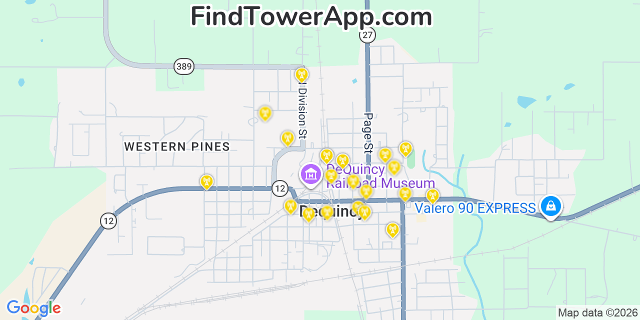 Map showing the 20 primary cell tower locations detected in Dequincy, Louisiana from AT&T, Verizon, and T-Mobile networks