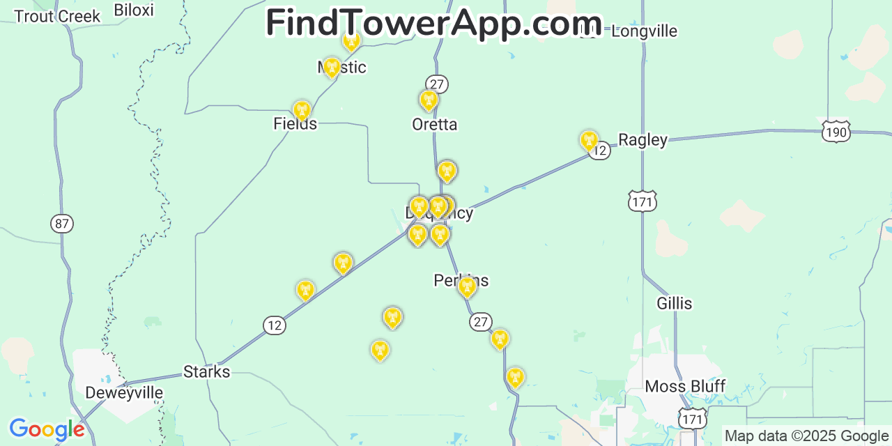 Map showing the 36 primary Verizon cell tower locations detected in Dequincy, Louisiana with coverage radius and signal strength indicators