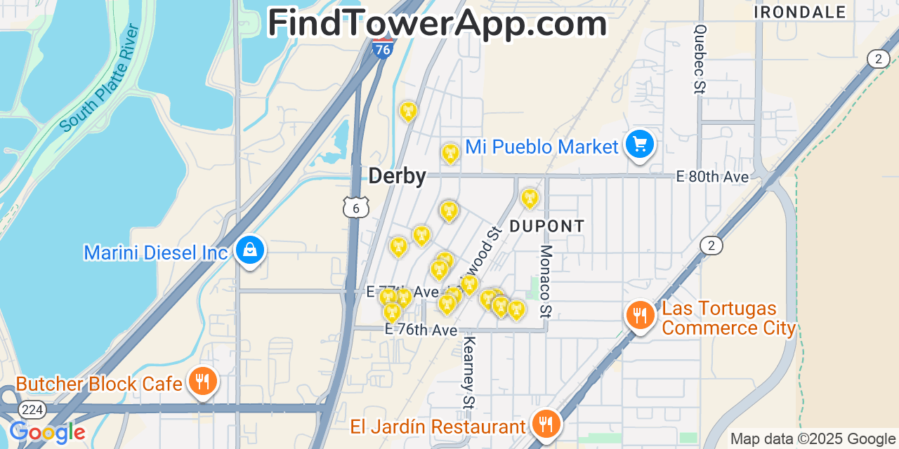 Map showing the 20 primary cell tower locations detected in Derby, Colorado from AT&T, Verizon, and T-Mobile networks