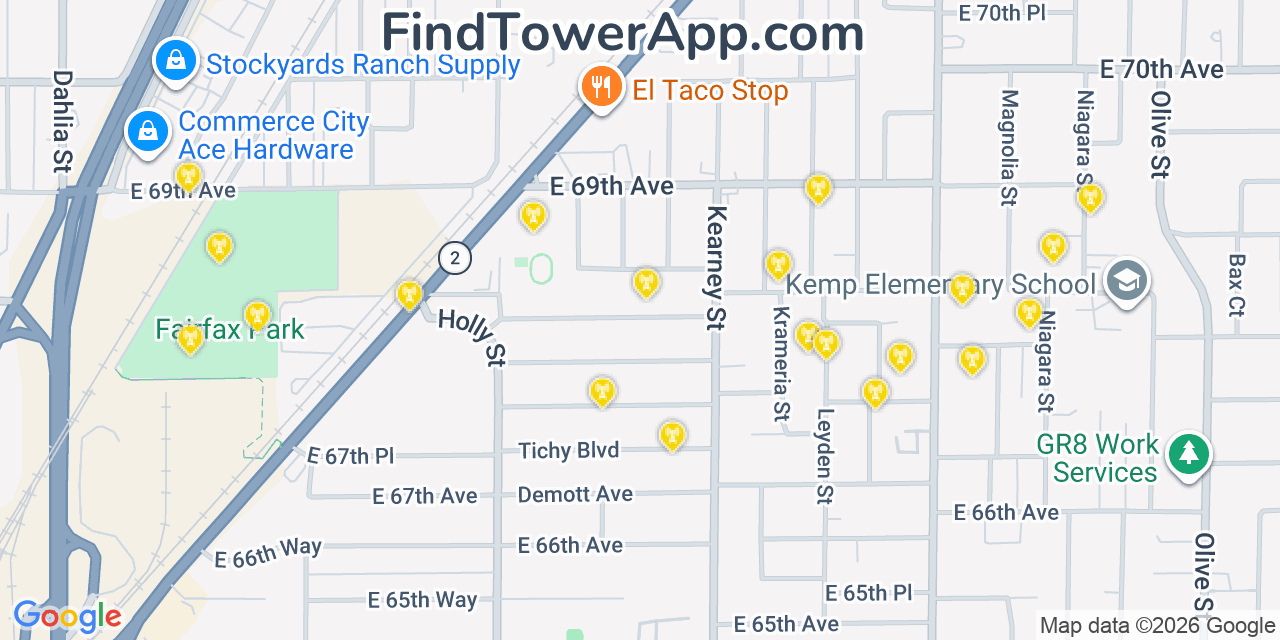 Map showing the 20 primary cell tower locations detected in Derby, Colorado from AT&T, Verizon, and T-Mobile networks