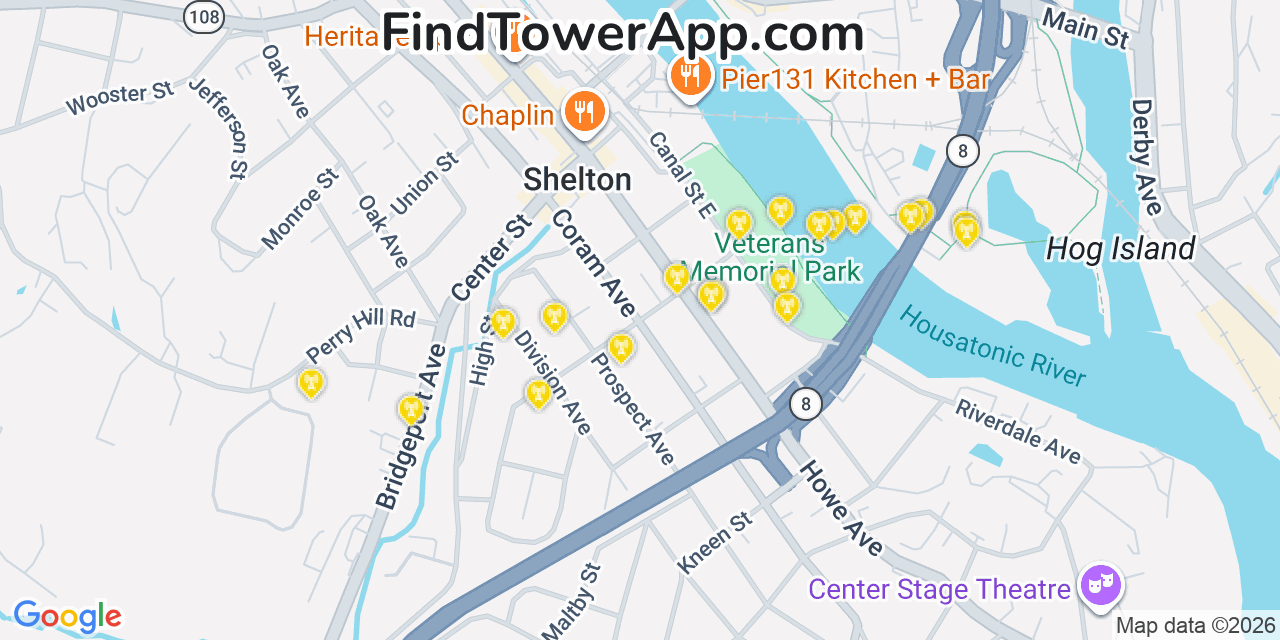Map showing the 20 primary cell tower locations detected in Derby, Connecticut from AT&T, Verizon, and T-Mobile networks