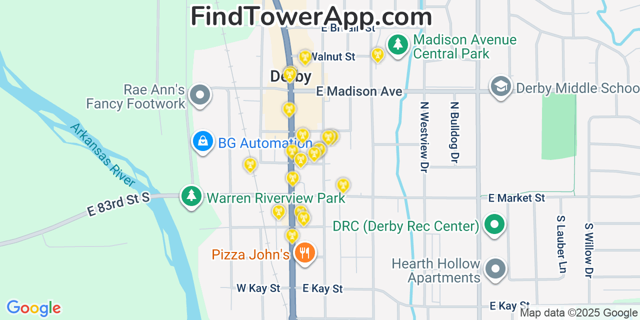 Map showing the 20 primary cell tower locations detected in Derby, Kansas from AT&T, Verizon, and T-Mobile networks