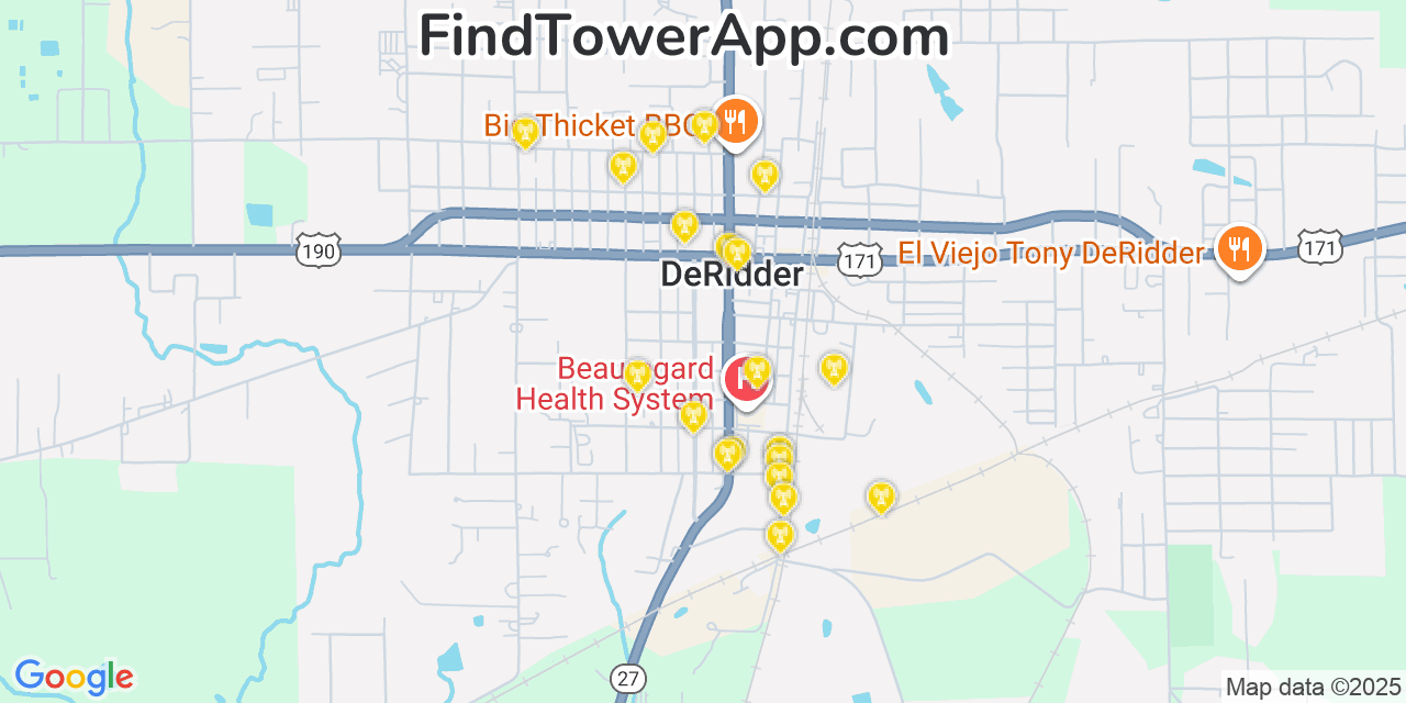 Map showing the 20 primary AT&T cell tower locations detected in Deridder, Louisiana with coverage radius and signal strength indicators