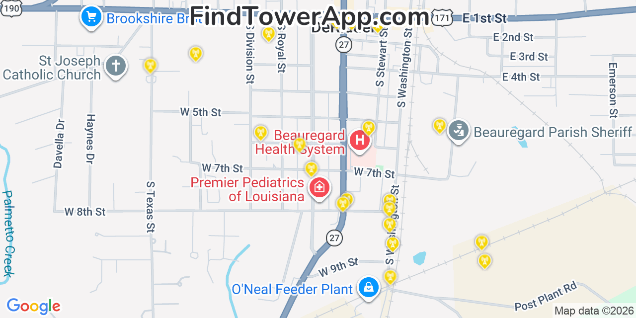 Map showing the 20 primary cell tower locations detected in Deridder, Louisiana from AT&T, Verizon, and T-Mobile networks