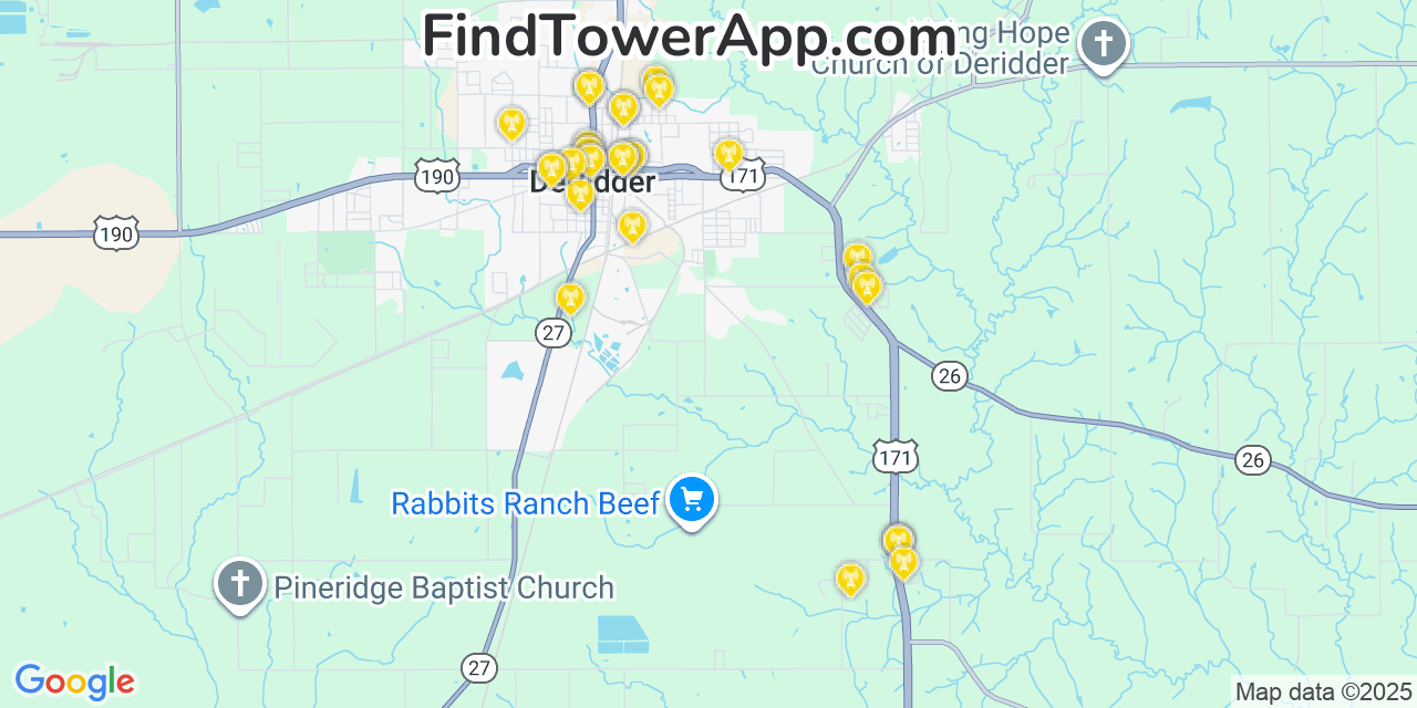 Map showing the 31 primary T-Mobile cell tower locations detected in Deridder, Louisiana with coverage radius and signal strength indicators