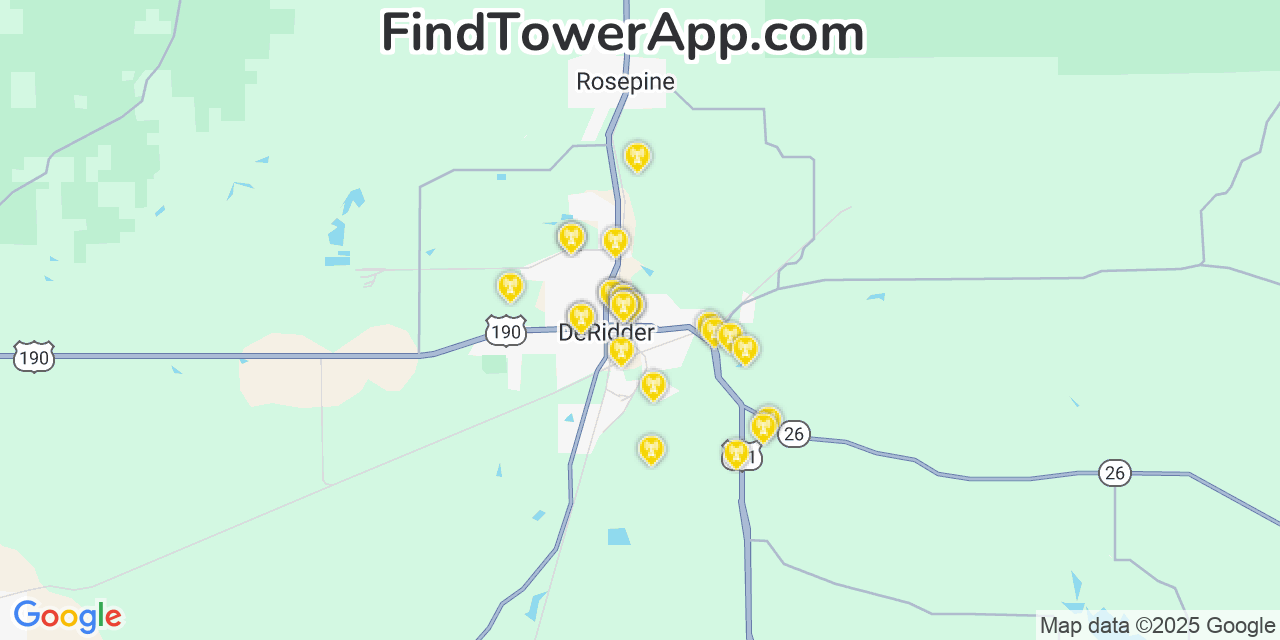 Map showing the 25 primary Verizon cell tower locations detected in Deridder, Louisiana with coverage radius and signal strength indicators