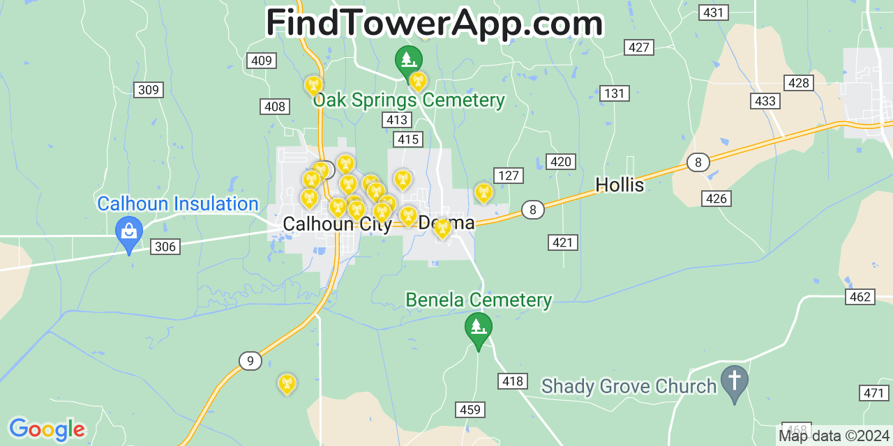 AT&T 4G/5G cell tower coverage map Derma, Mississippi