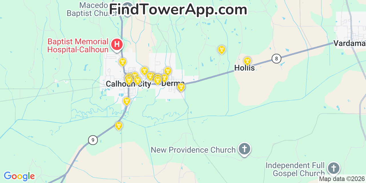 Map showing the 20 primary cell tower locations detected in Derma, Mississippi from AT&T, Verizon, and T-Mobile networks