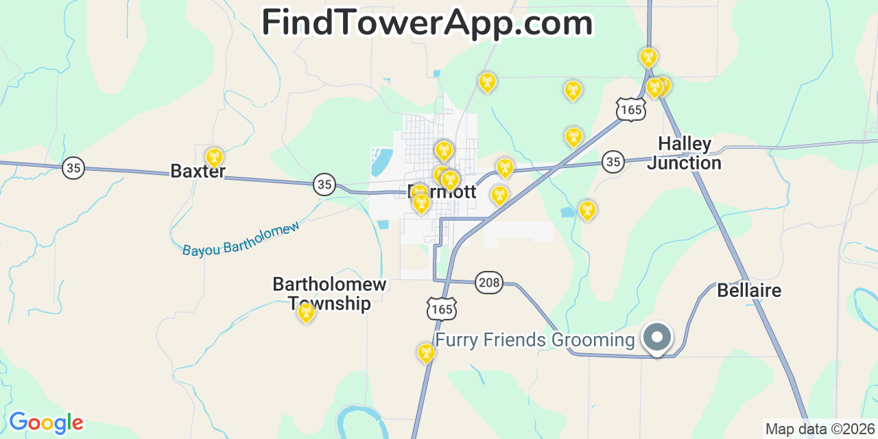 Map showing the 20 primary cell tower locations detected in Dermott, Arkansas from AT&T, Verizon, and T-Mobile networks