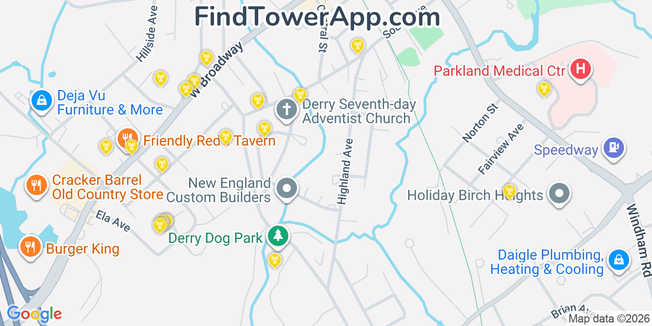 Map showing the 20 primary cell tower locations detected in Derry, New Hampshire from AT&T, Verizon, and T-Mobile networks